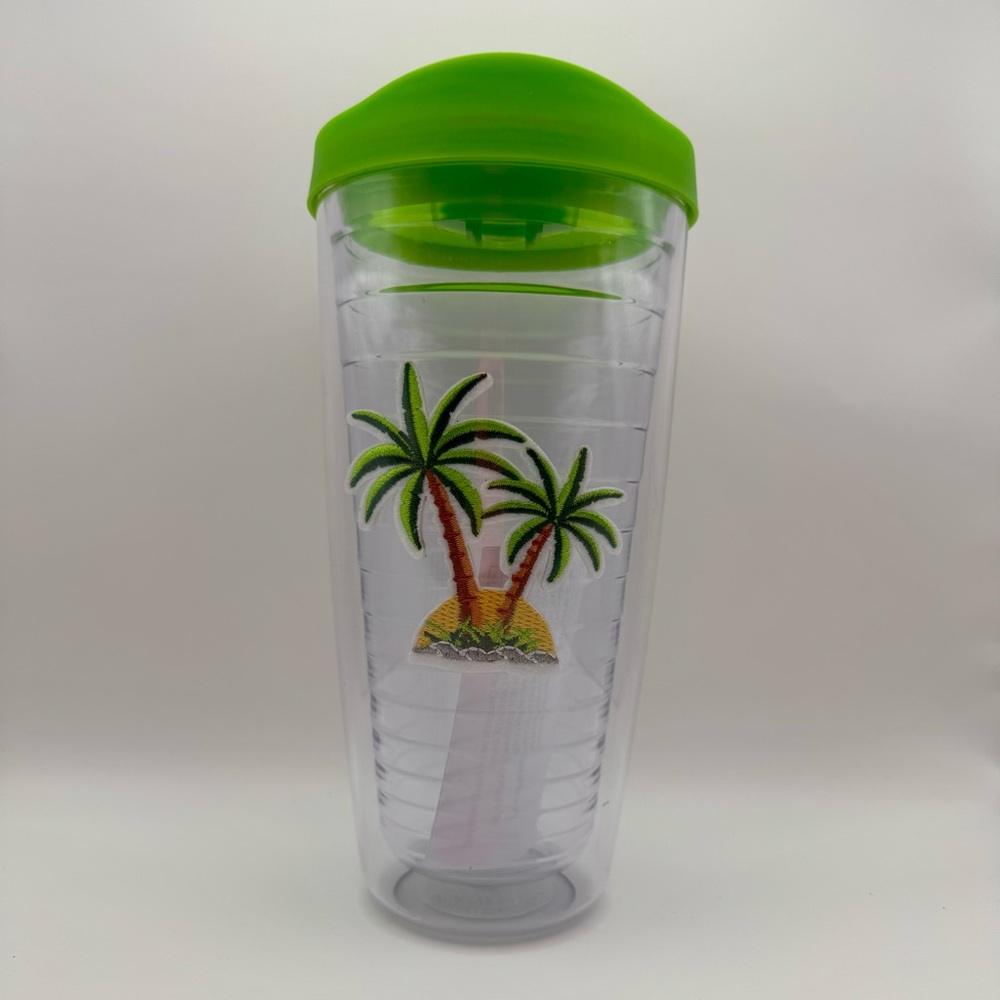 Clear Tumbler with Palm Tree Design and Green Lid